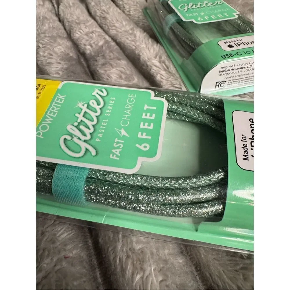 Mint green glitter iphone usb c to lightning fast charge cable x2 nib powertek